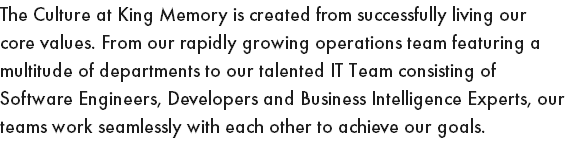 The Culture at King Memory is created from successfully living our core values. From our rapidly growing operations team featuring a multitude of departments to our talented IT Team consisting of Software Engineers, Developers and Business Intelligence Experts, our teams work seamlessly with each other to achieve our goals.